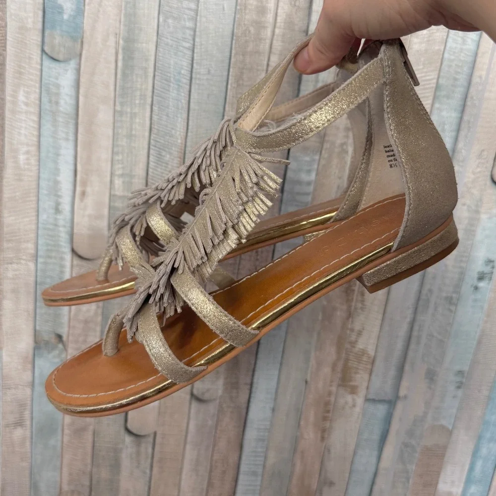 Anthropologie Gold‎ Metallic Leather Fringe Gladiator Sandals Western Boho 8.5
